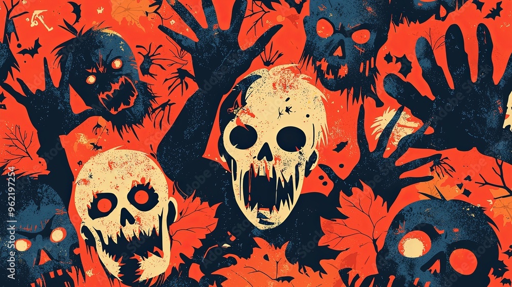 A lively illustration featuring numerous zombie hands and faces amidst red, black, and orange hues, capturing a chaotic, spooky, and intense visual scene. A lively illustration featuring numerous zombie hands and faces amidst red, black, and orange hues, capturing a chaotic, spooky, and intense visual scene.
