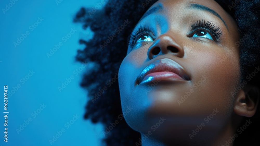 A close up of a woman with curly hair looking upwards, AI A close up of a woman with curly hair looking upwards, AI