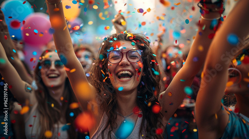 A group of LGBTQ+ friends celebrating together at a Pride Parade, surrounded by colorful and joyful atmosphere photo