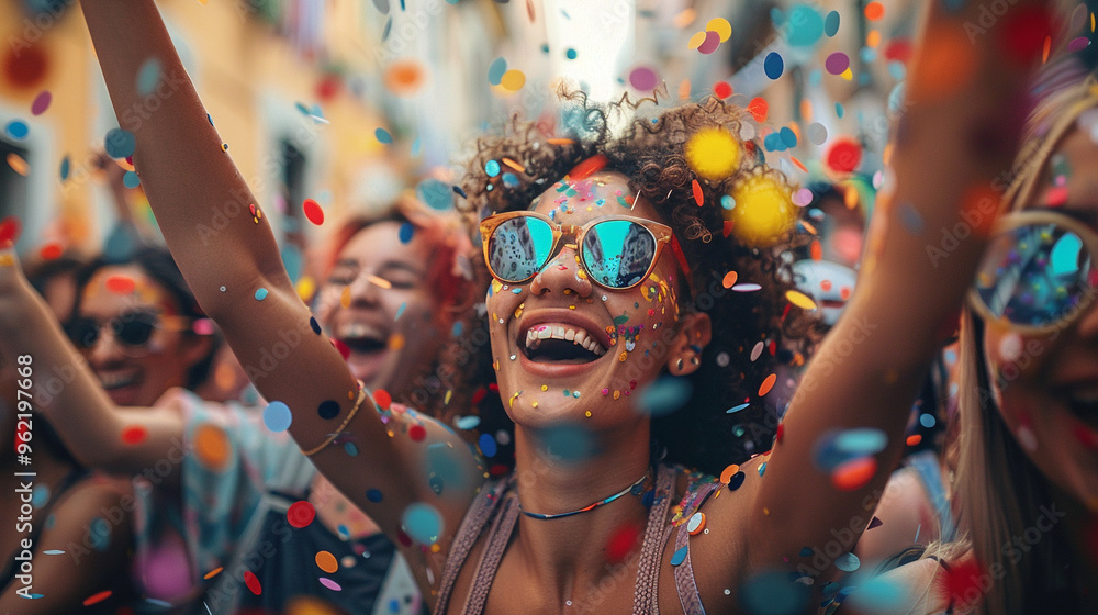 A group of LGBTQ+ friends celebrating together at a Pride Parade, surrounded by colorful and joyful atmosphere A group of LGBTQ+ friends celebrating together at a Pride Parade, surrounded by colorful and joyful atmosphere