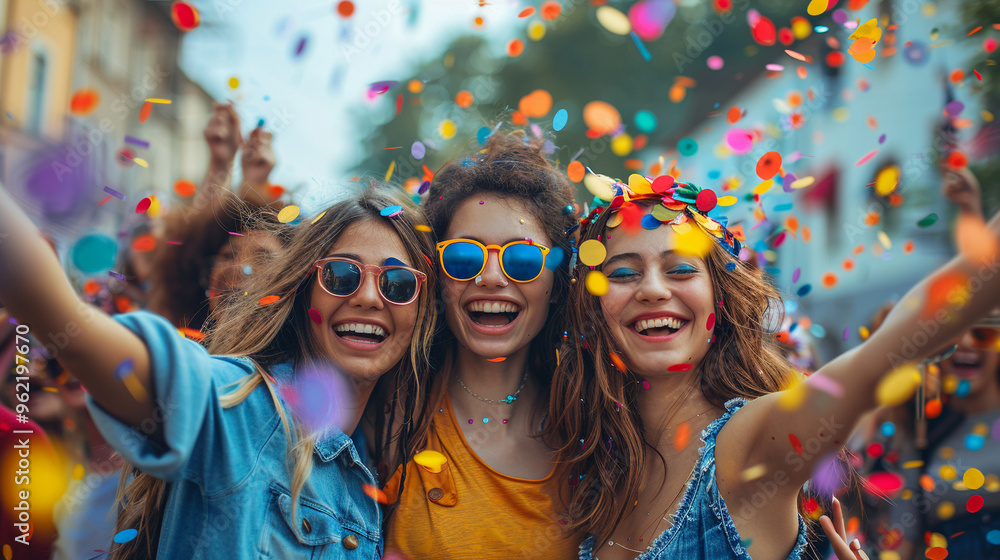 A group of LGBTQ+ friends celebrating together at a Pride Parade, surrounded by colorful and joyful atmosphere A group of LGBTQ+ friends celebrating together at a Pride Parade, surrounded by colorful and joyful atmosphere