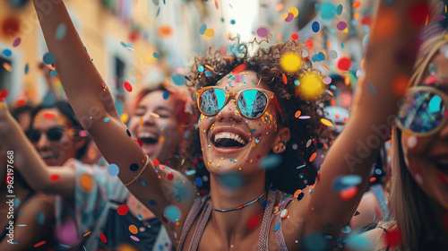 A group of LGBTQ+ friends celebrating together at a Pride Parade, surrounded by colorful and joyful atmosphere photo