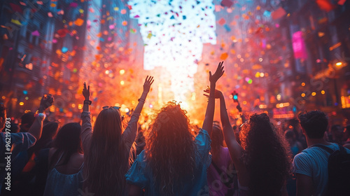 A group of LGBTQ+ friends celebrating together at a Pride Parade, surrounded by colorful and joyful atmosphere