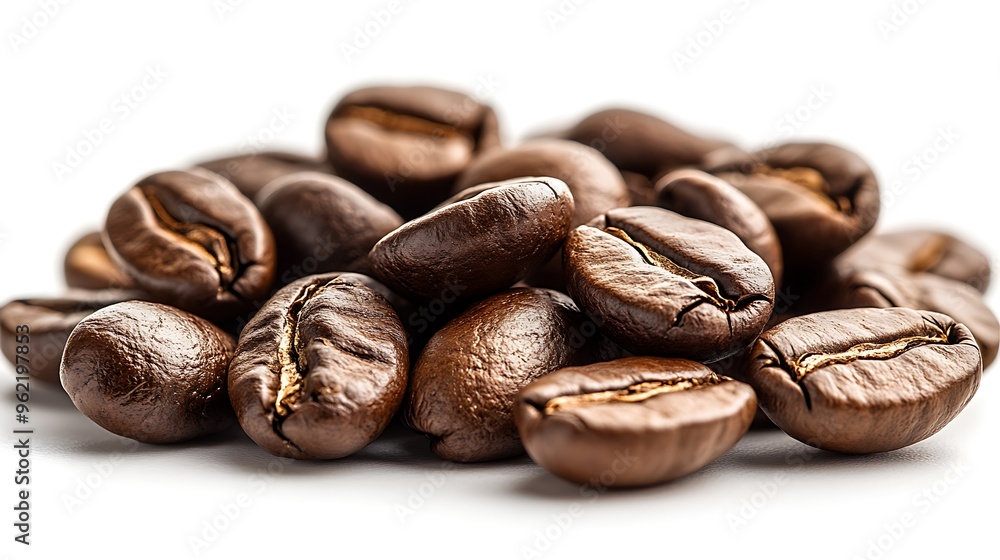 Naklejka premium Close-up of roasted coffee beans isolated on white background.