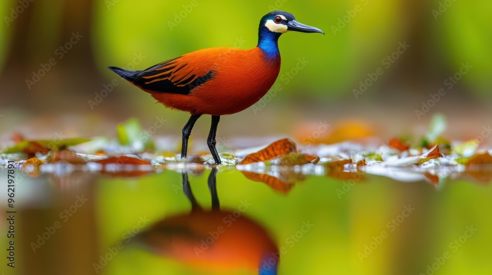A bird with a red beak standing in water on leaves, AI A bird with a red beak standing in water on leaves, AI
