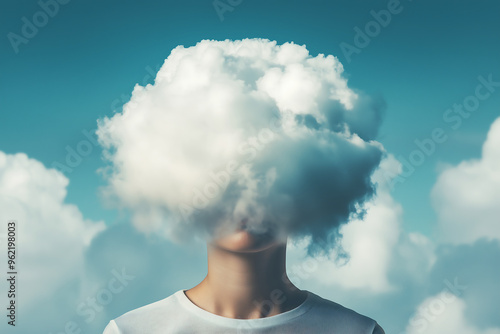 Surreal concept of person with cloud head, dreamlike imagination, creative thinking, abstract art, mind in the clouds, fantasy portrait, unique vision, artistic expression, surrealism, whimsical 