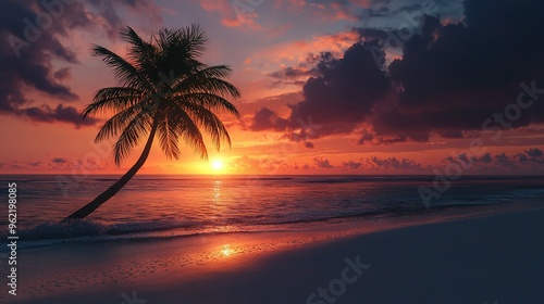   A palm tree is silhouetted against the sunset over the ocean at midday on a beach