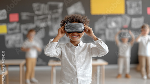 Educator holding augmented reality headset, modern classroom, sketch style, 