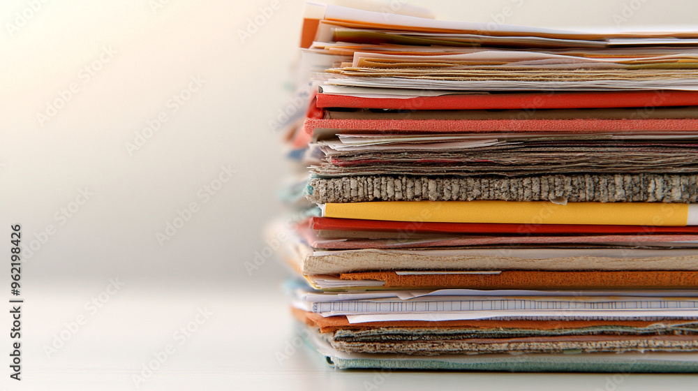 A neat stack of business reports and documents on a clean, white desk. A neat stack of business reports and documents on a clean, white desk.