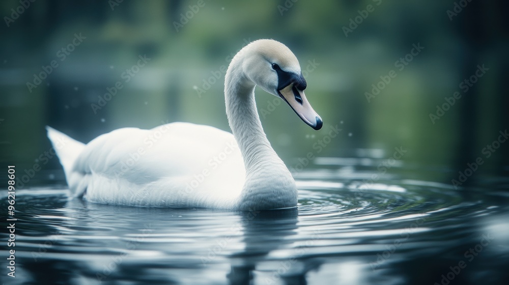 Fototapeta premium A white swan swimming in a lake with trees and water, AI