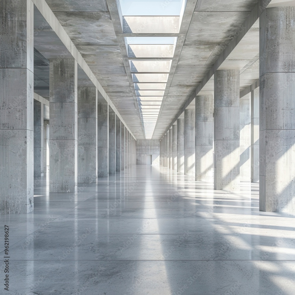 Modern Huge Concrete Material Empty Hall With Many Columns And Big White Glowing Windows Wallpaper Space For Text 3D Rendering Modern Huge Concrete Material Empty Hall With Many Columns And Big White Glowing Windows Wallpaper Space For Text 3D Rendering
