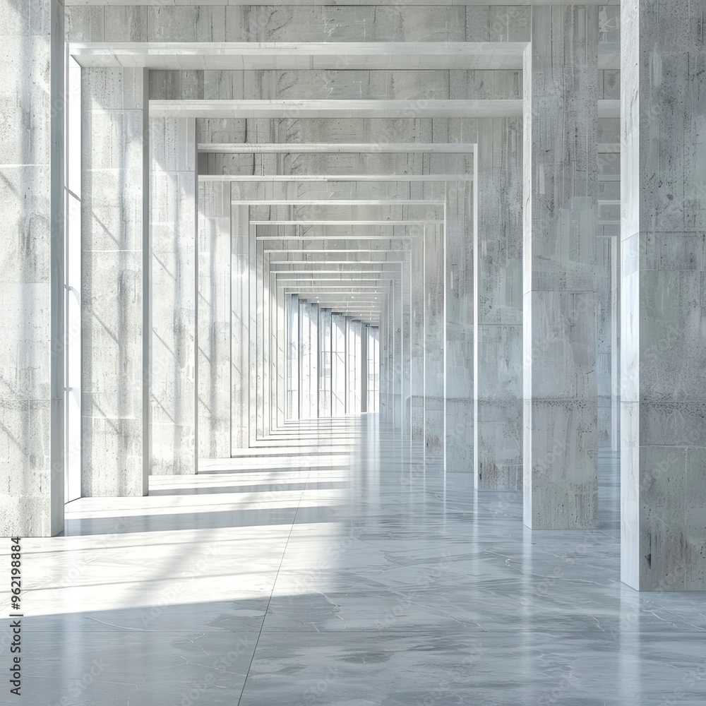 Obraz premium Modern Huge Concrete Material Empty Hall With Many Columns And Big White Glowing Windows Wallpaper Space For Text 3D Rendering