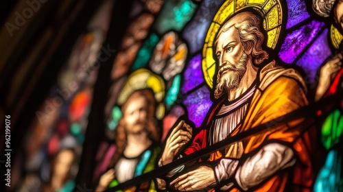 Vibrant stained glass window in a church, featuring a saint with a halo, surrounded by colorful glass pieces, showcasing intricate religious artistry