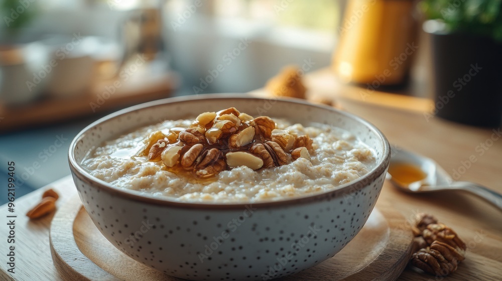 cozy breakfast scene, cozy breakfast setting with a rustic table featuring a warm oatmeal bowl with nuts and honey, paired with a cup of fresh coffee in a bright kitchen cozy breakfast scene, cozy breakfast setting with a rustic table featuring a warm oatmeal bowl with nuts and honey, paired with a cup of fresh coffee in a bright kitchen