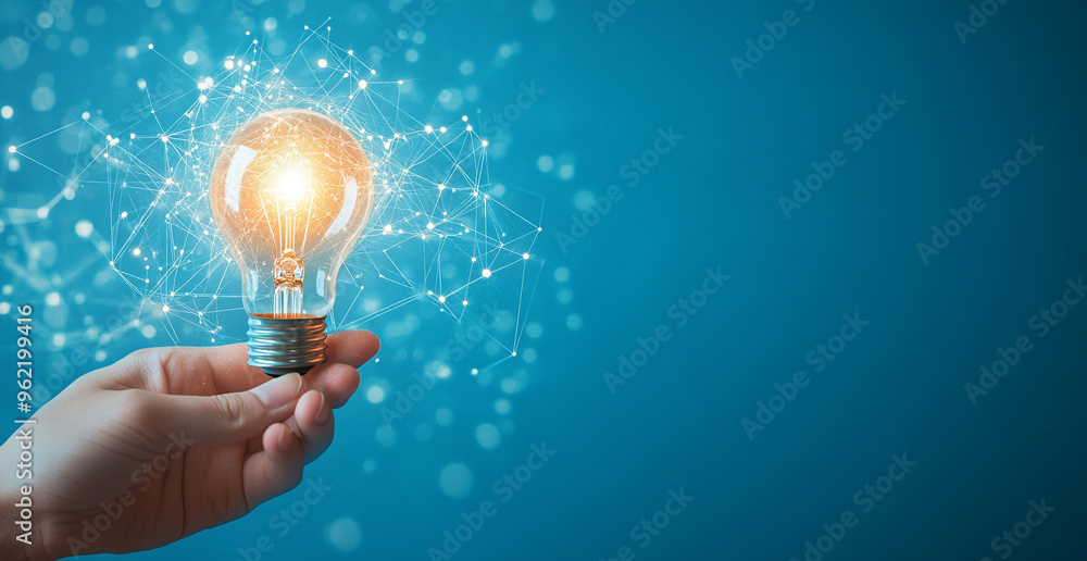 custom made wallpaper toronto digitalHand holding a light bulb with a glowing effect and a network connection on a blue background