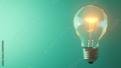 Floating on right side of the image A glowing light bulb against a solid light-green background