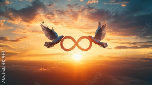 Two doves holding an infinity symbol in their beaks, flying towards the beautiful sunset sky, symbolizing peace, eternity, and infinity. photo