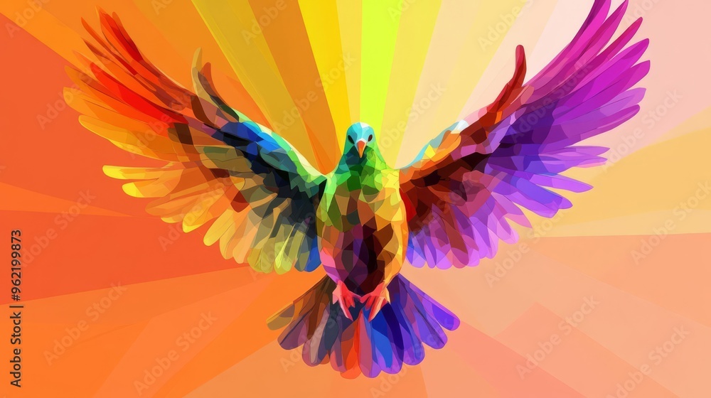 Vibrant and colorful abstract bird illustration with geometrical shapes and dynamic rainbow hues, flying against an orange background. Vibrant and colorful abstract bird illustration with geometrical shapes and dynamic rainbow hues, flying against an orange background.