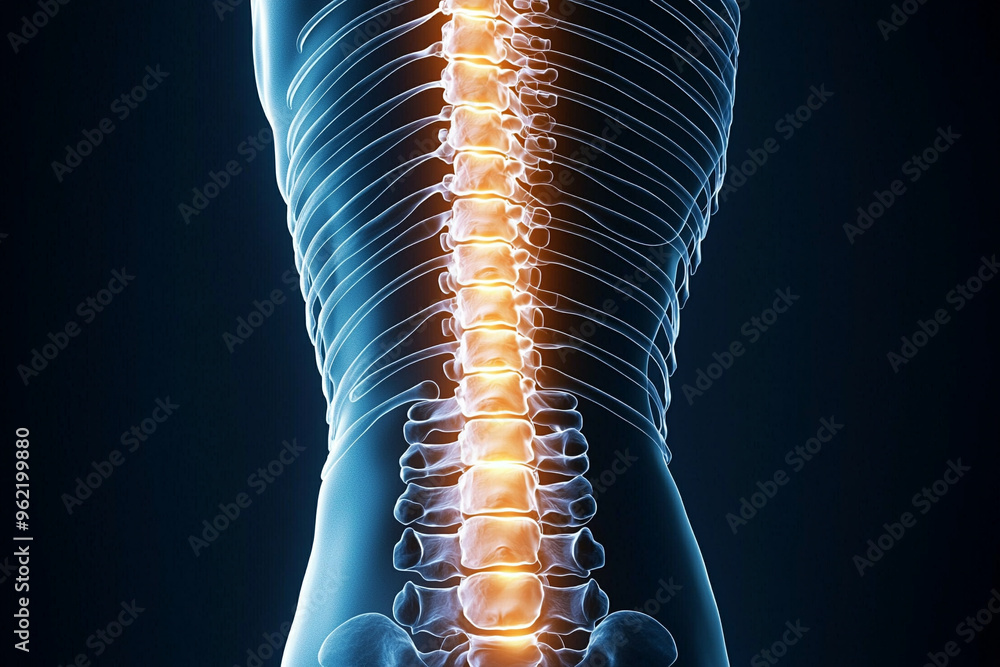 Visual representation of lower back pain with glowing vertebrae on an ...