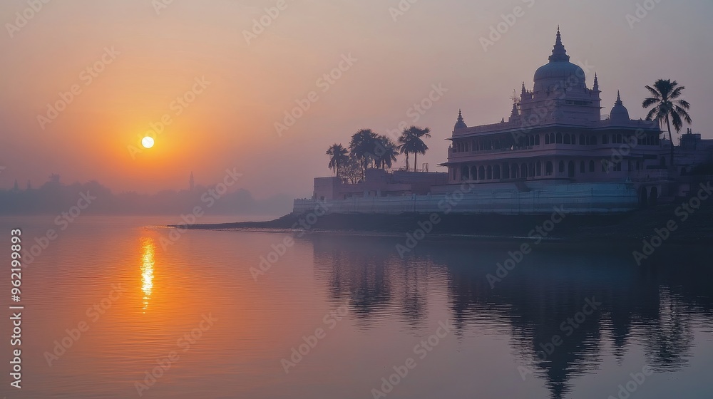 Fototapeta premium Majestic Indian temple reflected in calm waters at misty sunrise, with golden sun and palm trees creating a serene and spiritual atmosphere