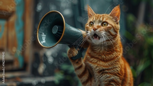 Feline Announcement: Orange Tabby Cat with Megaphone on Teal Background