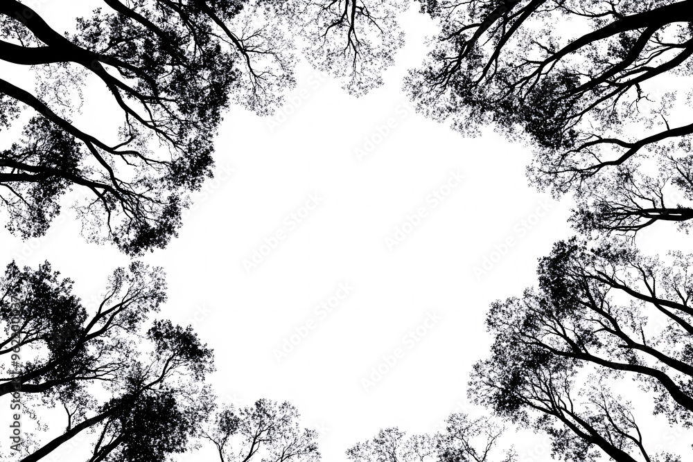 Fototapeta premium Black and white abstract view looking up at the silhouettes of tree tops forming a circular frame with the sky in the center