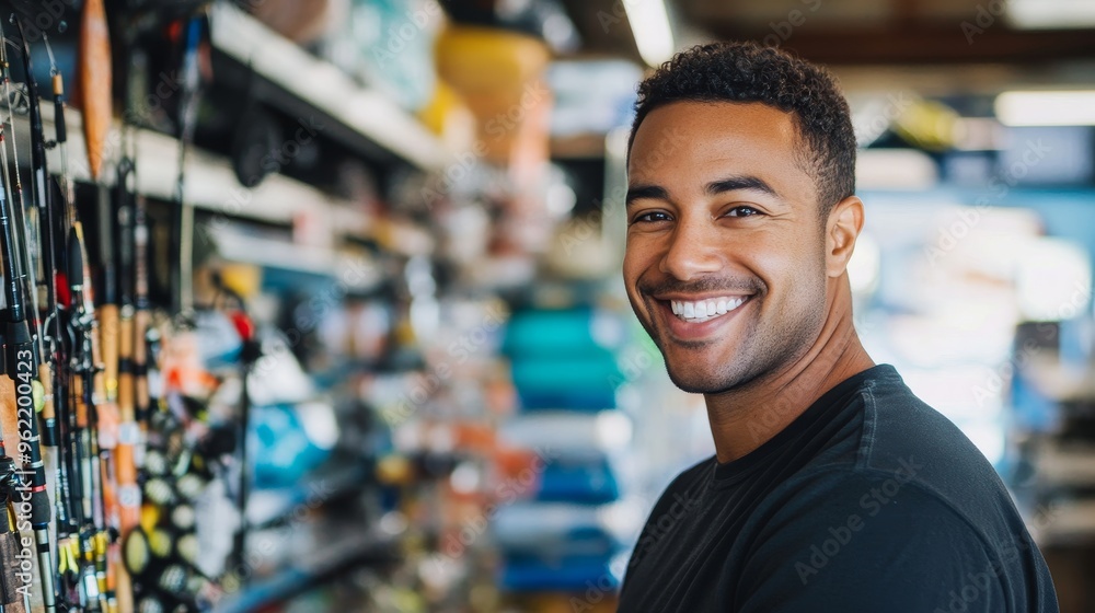 Cheerful African American man smiling broadly in a sporting goods store, surrounded by fishing rods and outdoor equipment Cheerful African American man smiling broadly in a sporting goods store, surrounded by fishing rods and outdoor equipment