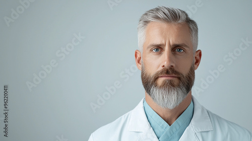 Minimalist portrait of an anesthesiologist with a calm expression, set against a neutral, blurred background