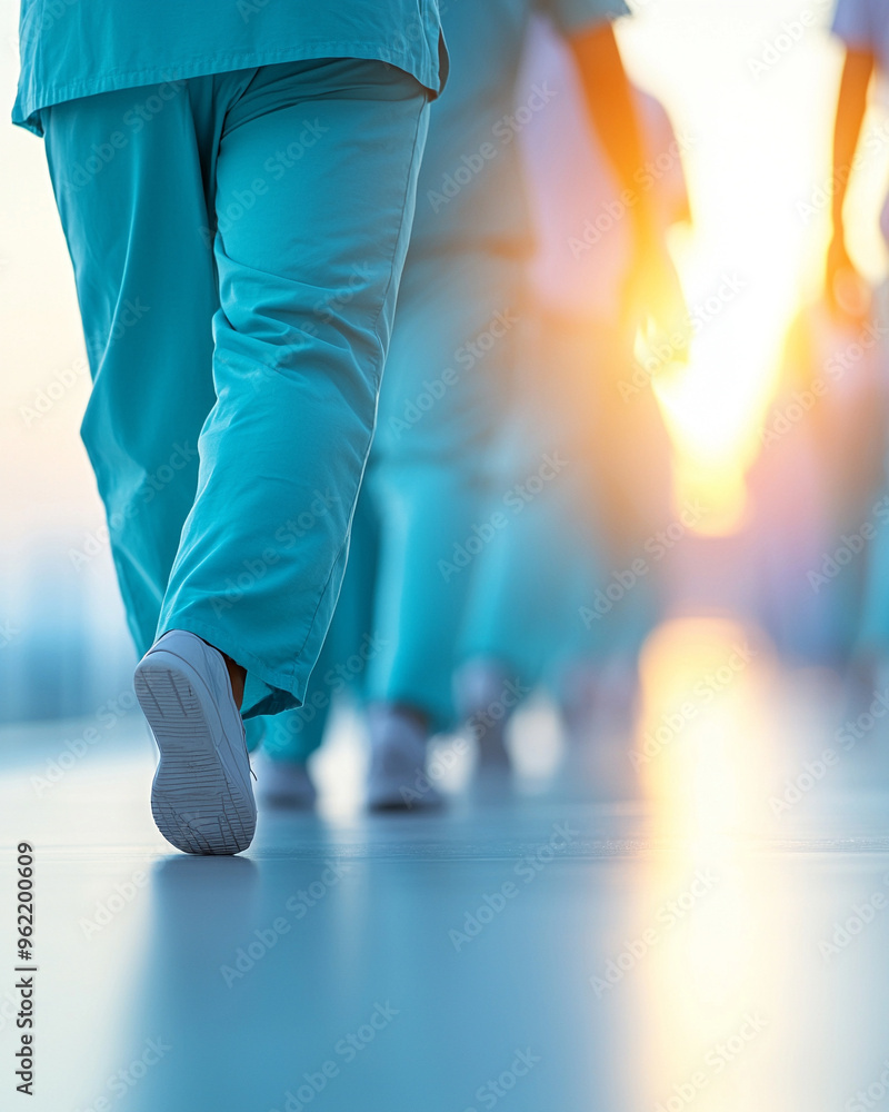 Minimalist depiction of hospital staff working together with a softly blurred background and space Minimalist depiction of hospital staff working together with a softly blurred background and space