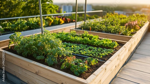 Rooftop gardens on corporate buildings, urban farming and sustainability, green rooftops for businesses