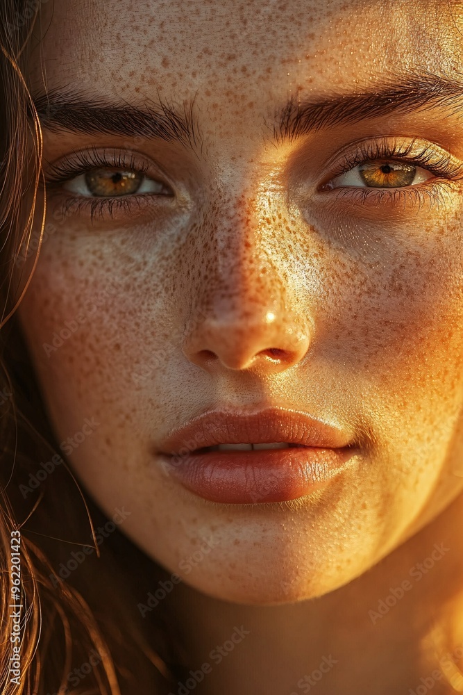 Close-up of a woman with freckles and blue eyes illuminated by warm sunset light in a serene outdoor setting Close-up of a woman with freckles and blue eyes illuminated by warm sunset light in a serene outdoor setting