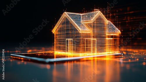 A digital house projection emerging from a tablet, with intricate glowing wireframes and a dark, tech-inspired background.