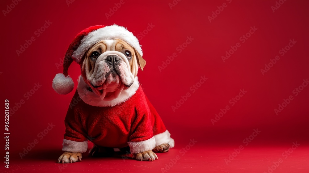 A bulldog in a Santa costume stands proudly against a bright red background, exuding warmth and joy that embodies the festive holiday season. A bulldog in a Santa costume stands proudly against a bright red background, exuding warmth and joy that embodies the festive holiday season.
