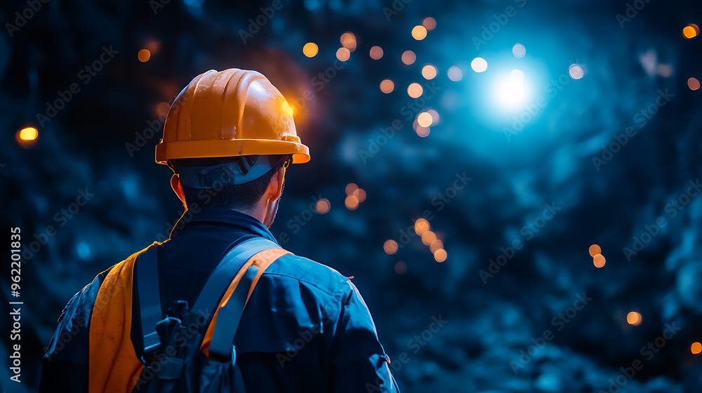 A lone miner in a dark, cavernous space, illuminated by a bright light in the distance. He stands with a hard hat and safety harness, looking ahead. A lone miner in a dark, cavernous space, illuminated by a bright light in the distance. He stands with a hard hat and safety harness, looking ahead.