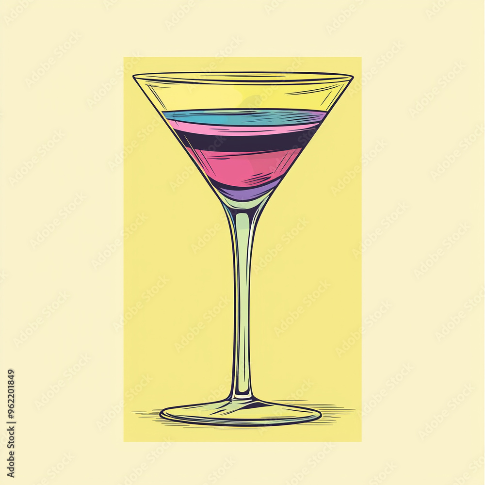 A retro-style cartoon illustration of a solid-colored cocktail glass, with a slightly rough and imperfect line A retro-style cartoon illustration of a solid-colored cocktail glass, with a slightly rough and imperfect line