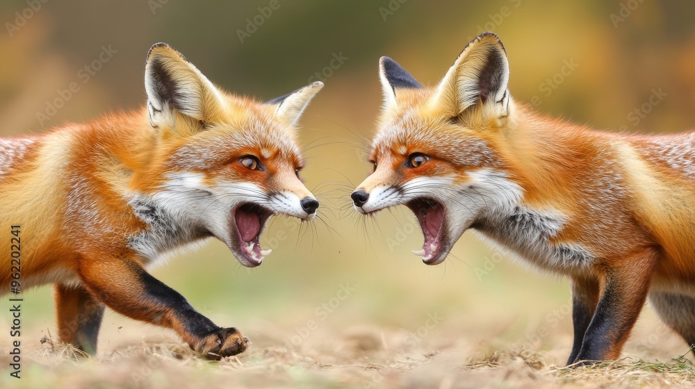 Fototapeta premium Two foxes are fighting each other in a field, AI