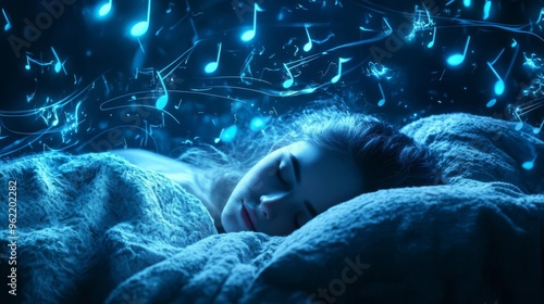 Woman sleeping peacefully with glowing music notes around her, symbolizing a serene and melodic dreamscape. photo