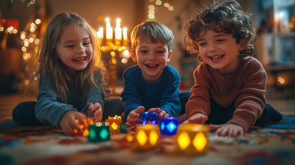 Children joyfully playing with dreidels on the floor while surrounded by holiday decorations and a lit menorah during Hanukkah celebrations