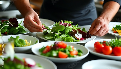 During the salad making process, the chef carefully sets the dishes, reflecting the concept of delicious and healthy eating, and the surrounding environment is clean and tidy.