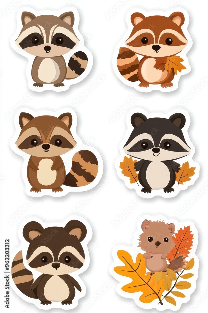 Fototapeta premium Cute cartoon raccoon characters with autumn leaves in a whimsical design for creative projects