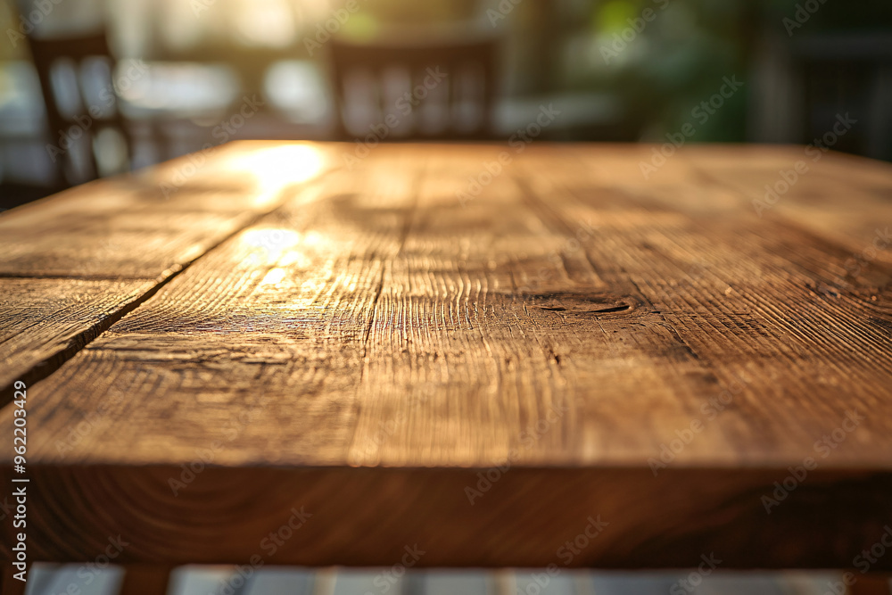 Close-up of a wooden table surface with visible grain patterns bathed in warm sunlight creating a cozy atmosphere Close-up of a wooden table surface with visible grain patterns bathed in warm sunlight creating a cozy atmosphere