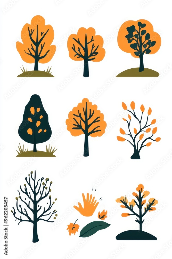 Colorful autumn trees illustration showcasing various leafless and leafy designs in a playful style Colorful autumn trees illustration showcasing various leafless and leafy designs in a playful style