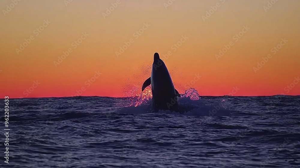 Fototapeta premium A great white shark jumping out of the water at sunset, mouth open