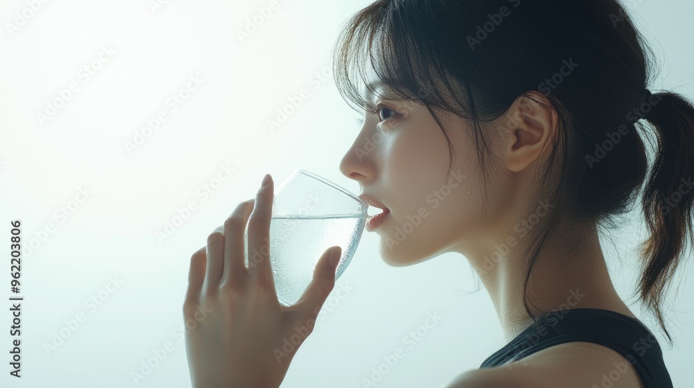 A beautiful Japanese woman is drinking water from the glass. Portrait. close up view A beautiful Japanese woman is drinking water from the glass. Portrait. close up view
