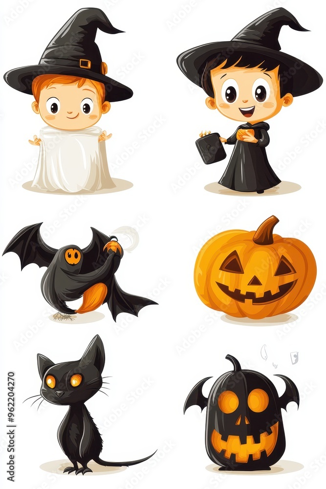 Children dressed in Halloween costumes with pumpkins and a black cat, celebrating the spooky season Children dressed in Halloween costumes with pumpkins and a black cat, celebrating the spooky season