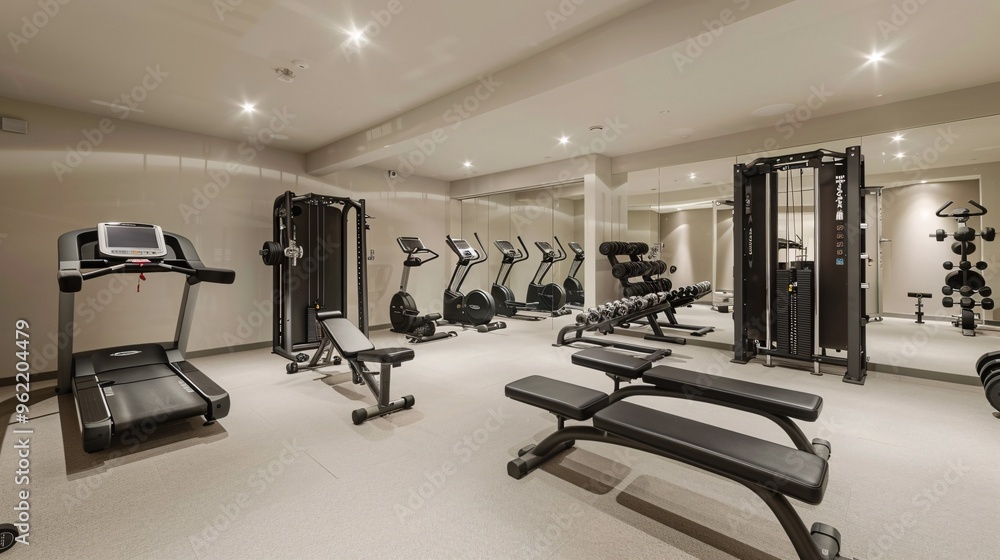 Fototapeta premium Modern Hotel Fitness Center with Treadmill, Weight Machines, and Exercise Equipment