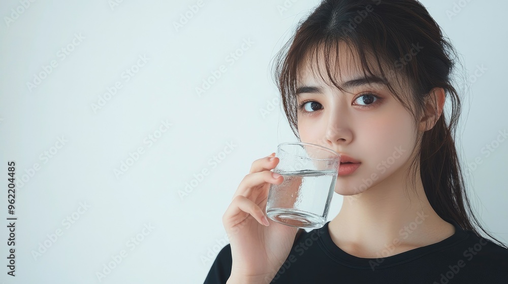 A beautiful Japanese woman is drinking water from the glass. Portrait. close up view A beautiful Japanese woman is drinking water from the glass. Portrait. close up view
