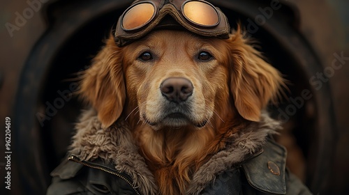 A golden retriever dog wearing a leather aviator helmet and goggles looking directly at the camera. photo