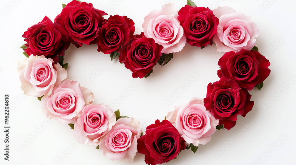 Heart-Shaped Arrangement Made of Red and Pink Roses on a White Background with Copy Space in the Center Heart-Shaped Arrangement Made of Red and Pink Roses on a White Background with Copy Space in the Center
