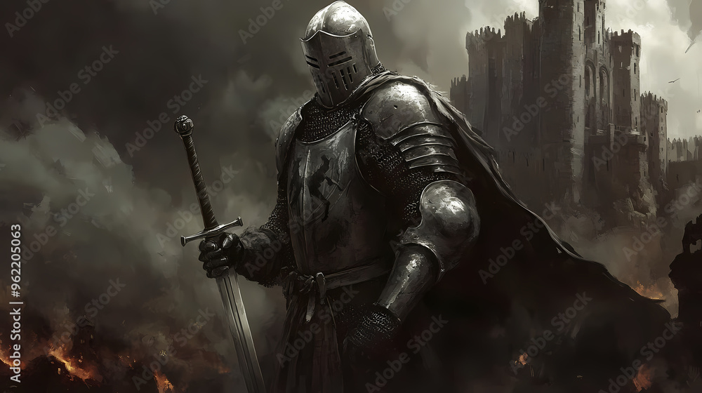 Medieval knight in the armor with the sword on the castle background. Knight. Illustration Medieval knight in the armor with the sword on the castle background. Knight. Illustration